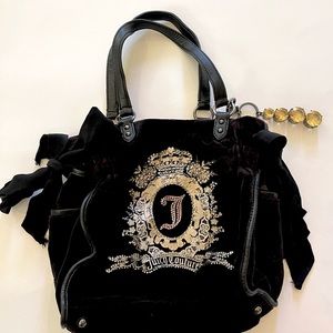Vintage Juicy Couture Black Velour Velvet Logo Handbag Bow Purse